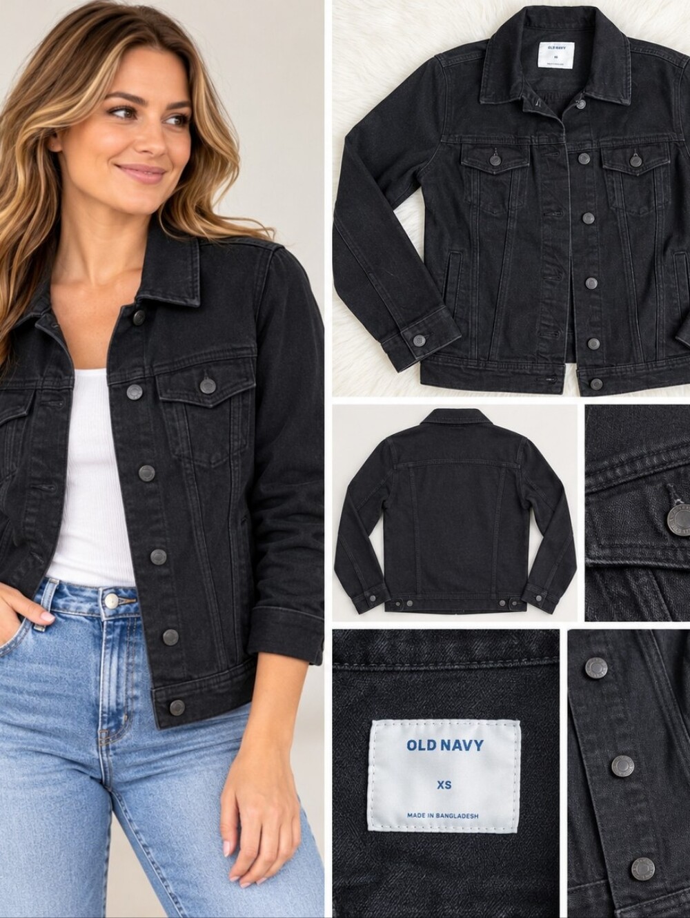 Old Navy Black Jean Jacket Cropped Button-Front
